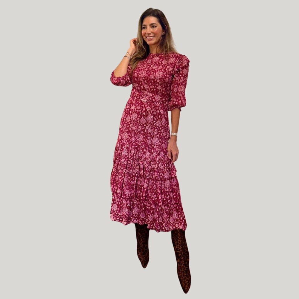 Renata Gasparian Wellesley Belted CC-Collar Dress — Green Multi Print, Size M - Picture 6 of 8